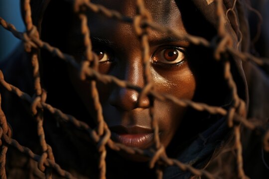 Gazing sadly at African refugees behind a fence