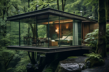A contemporary treehouse showcases sleek glass walls, perfectly positioned to admire the cascading beauty of a nearby waterfall