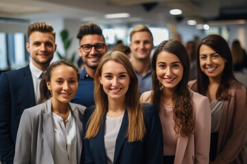 Happy diverse business team standing together in office International young professional smiling corporate employee with senior leaders looking at camera