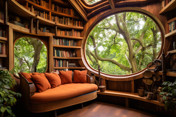 High above, a treehouse transforms into a serene library oasis, complete with overflowing bookshelves and a snug reading corner
