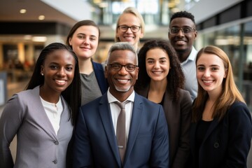 Fototapeta premium Happy diverse business team standing together in office International young professional smiling corporate employee with senior leaders looking at camera