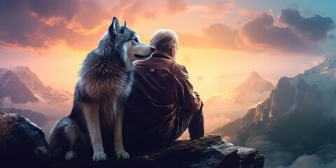 back view portrait of old man sitting with wolf on the high mountain cliff with gradient twilight sky background, Generative Ai - obrazy, fototapety, plakaty