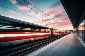 A train traveling past a train station. Blur effect from a fast moving train.Selective focus. High-speed transport.