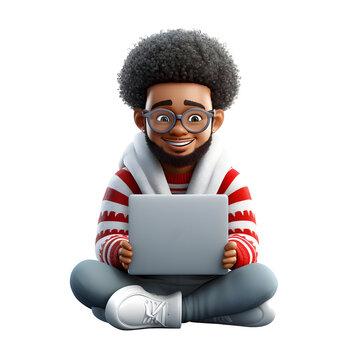 3D cartoon character young man Wearing a Christmas sweater with using laptop computer, Happy smiling sitting on the floor, isolated on white and transparent background, ai generate