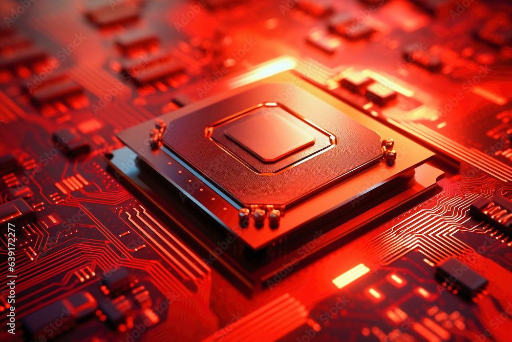 Wall mural a powerful computer processor or chip on a motherboard. modern technologies. red background.