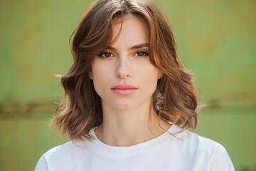 Fototapeta premium Beautiful young brunette girl in a black T-shirt and blue jeans posing in an urban context
