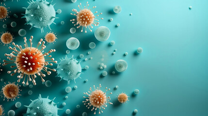 Bacteria and viruses on turquoise background. Generative AI