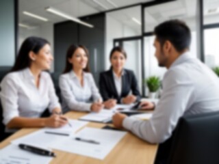 Fototapeta premium Blurred business people meeting at the office, blurred office interior space background for presentation