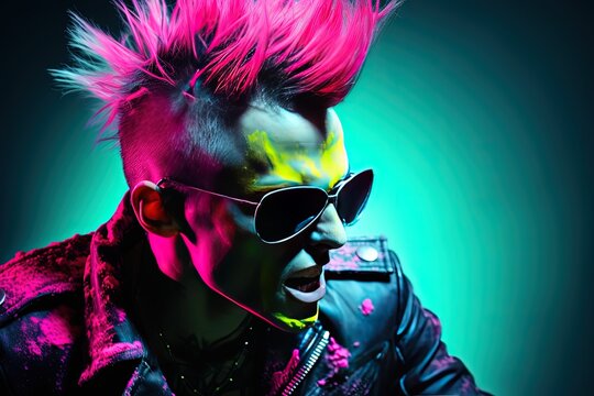 Close Up Portrait Of Punk Rock Star In Pink Yellow Green Color Lights, Generative Ai