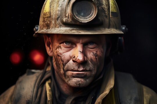 Portrait of a middle aged tired firefighter in safety uniform and a helmet. Professional fireman looking at camera. Portrait of a firefighter after exhausting work. He is tired and his face is covered