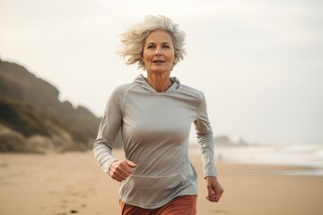 Jogging workout. Middle aged caucasian woman during jogging workout on the morning beach. Be alone with yourself during a morning run and recharge your batteries for the whole day. - obrazy, fototapety, plakaty