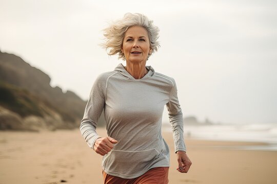 Jogging workout. Middle aged caucasian woman during jogging workout on the morning beach. Be alone with yourself during a morning run and recharge your batteries for the whole day.