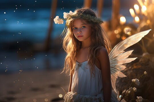 close up portrait young angel girl sitting on sandy beach at night time with light glow in her hand, generative Ai