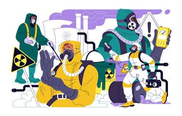 Radiation protection concept. People in respirator, mask, safety suit. Hazardous pollution, radioactive waste, npp reactor, caution nuclear sign. Flat isolated vector illustration on white background