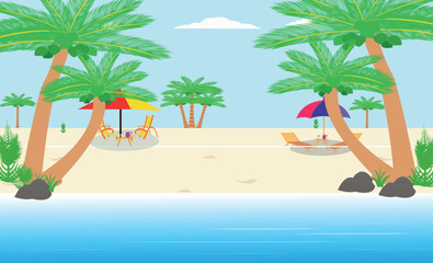 Set of summer vacation vector illustration Paradise Beach tropical beach, umbrella road and cars, resort mountain and coconut trees.