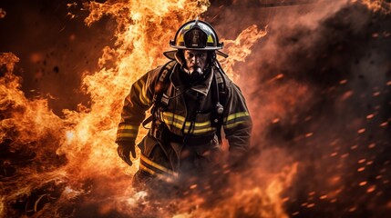 Firefighter in flames. Beautiful illustration picture. Generative AI