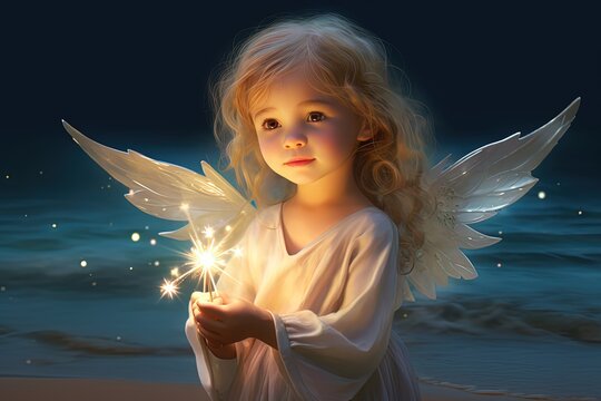 illustration of close up portrait young angel girl sitting on sandy beach at night time with light glow in her hand, generative Ai