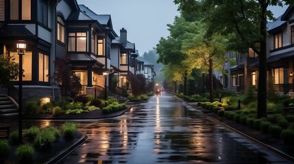 Fototapeta na wymiar Rain-kissed suburban street amid gentle storm 