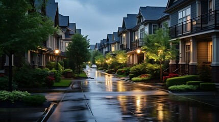 Naklejka premium Rain-kissed suburban street amid gentle storm 