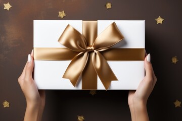 Woman holding white present box with vivid orange ribbon bow as presenf for Christmas, fathers day, birthday on light brown background. Flat lay, copy space