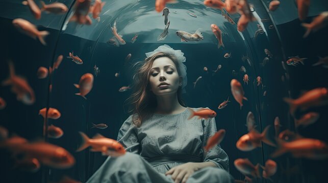 a woman close her eye under water feel calm and peaceful surround with goldfish swimming around, Generative Ai