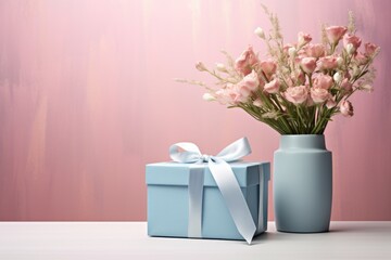 Blue gift box with bouquet of roses flower on a pink background. Minimalistic greeting card for birthday, wedding, Mother's or Valentine Day. Holiday banner with copy space