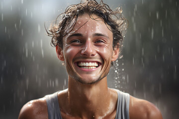 A man in the rain, laughing, man, young