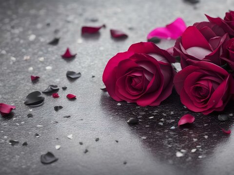 Black marble stone table with Rose petals on blur bokeh background red rose with water drops