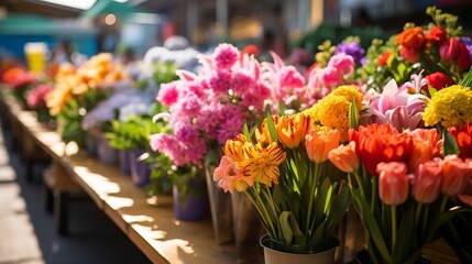 Vibrant blooms enliven bustling flower market scene
