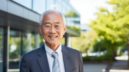 Smiling elderly Asian businessman in the city. A happy old Chinese man in a business suit standing outdoors on a summer day. Handsome senior man in a classic suit outside, a close-up portrait. - Powered by Adobe