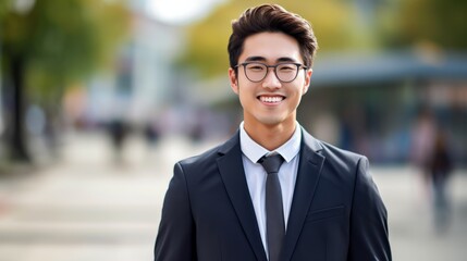 Portrait of a smiling young Asian businessman in the city. Portrait of a handsome Chinese businessman smiling at the camera. Close-up portrait of a happy young Asian businessman smiling outdoors.