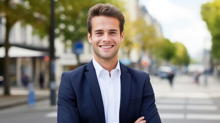Happy young businessman in the city. Portrait of a smiling Caucasian male in a business suit standing outdoors on a summer day. Handsome European man in a classic suit standing on the street. - obrazy, fototapety, plakaty