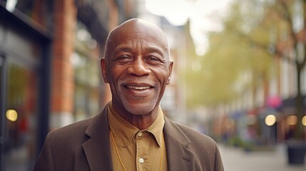 Obraz premium Smiling elderly African man standing in the city. A happy old African American grandfather standing outdoors on a summer day. Handsome, well dressed senior man outside, close-up portrait.