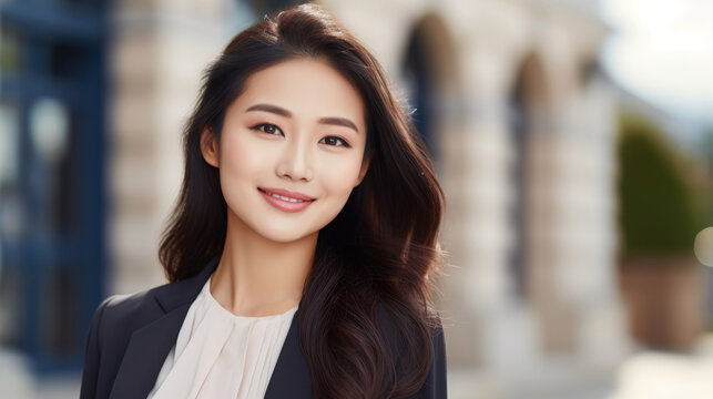Happy young Asian businesswoman in the city. Portrait of a smiling Chinese female in a business suit standing outdoors on a summer day. Pretty Japanese girl in a classic suit walking outside.