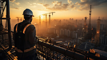 silhouette of construction worker working at Construction site and tower crane at the sunset.generative ai