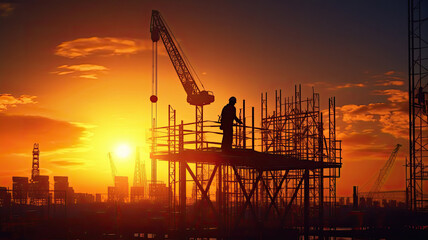 silhouette of construction worker working at Construction site and tower crane at the sunset.generative ai