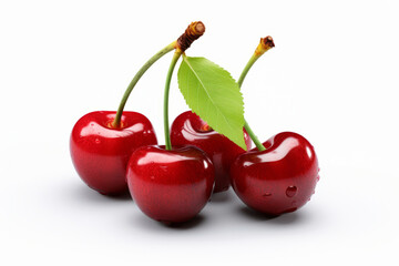 Beautiful three fresh red cherries with a green leaf isolated on a white background.generative ai
