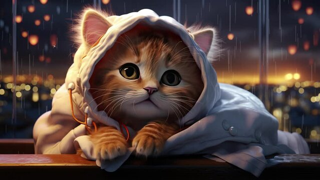 Lullabies Accompany A Cute Cat Finding Solace Atop A Rainy Rooftop. Best Loop Video Background For Lullabies. Top-Notch 4K Looping Video Animation For Backgrounds.