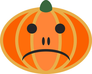 Pumpkin fruit. Halloween holiday main symbol. Orange gourd with sad grimace for Halloween design. Funny face. Vegetable graphic icon. Simple flat squash. All Saints' Eve.