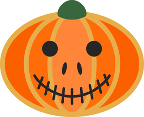 Rounded pumpkin on white background. Orange gourd. Scary smile. Pumpkin culture isolated. Squash silhouette. Annual herb. Colorful cartoon illustration for Halloween decoration. Simple design element.