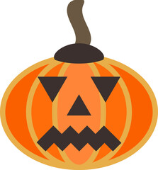 Large, smooth, oval-shaped fleshy pumpkin. Orange squash with stalk. Autumn Halloween or pumpkin for Thanksgiving. Carved sad face on gourd fruit. Ominous grimace drives away evil spirits. Spooky face
