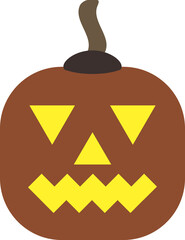 Cheerful pumpkin with sarcastic grin. Original glowing face. Smiling gourd. Squash carved as pumpkin lantern for Halloween decoration. Simple flat design. Carved holes for eyes, nose and mouth.