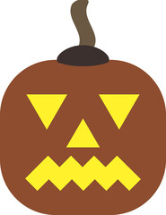 Carved gourd mask with intimidating face and sinister smile. Winter squash wards off evil spirits on All Saints' Eve. Glowing pumpkin lantern for fall Halloween or Thanksgiving. Carved sad grimace.