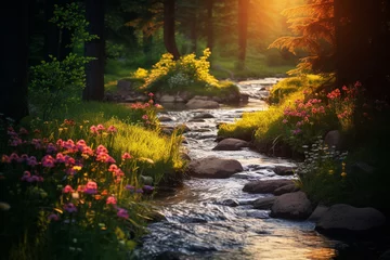 Foto op Canvas autumn in the woods, river stream flow with water with green plant in forest, pink and white wild flowers blooming on brook bank in spring summer autumn © Caking