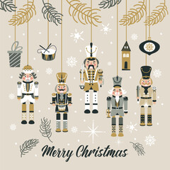 Christmas Nutcrackers Vector Illustration on Light Background. Postcard.