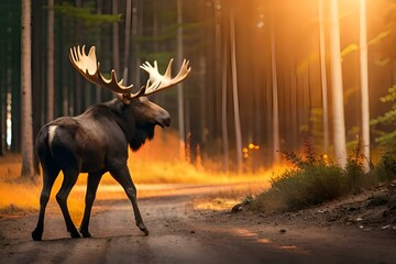 Moose escapes forest fire. Generative AI