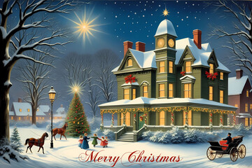 Vintage Weihnachtspostkarte mit Schriftzug "Merry Christmas"