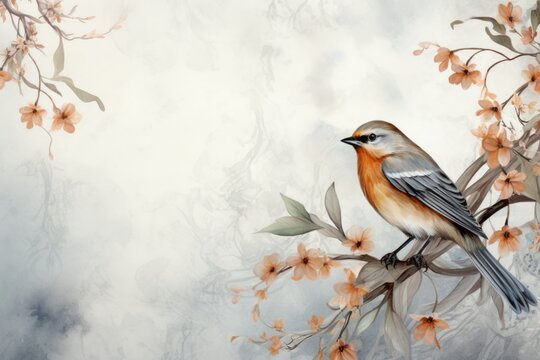 Spring garden. Bird on a branch of apple blossoms. Nature vintage retro wallpaper. Design for fabric, textile, paper 