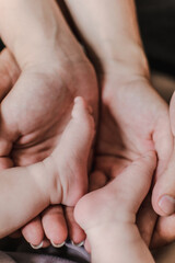 children's feet in their parents' palms