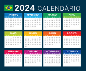 2024 year Brazilian Calendar vector full editable, calendário eps - obrazy, fototapety, plakaty